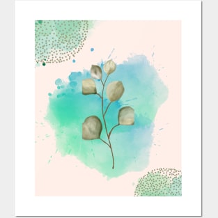 Green Blue Minimalist Leaves Posters and Art
